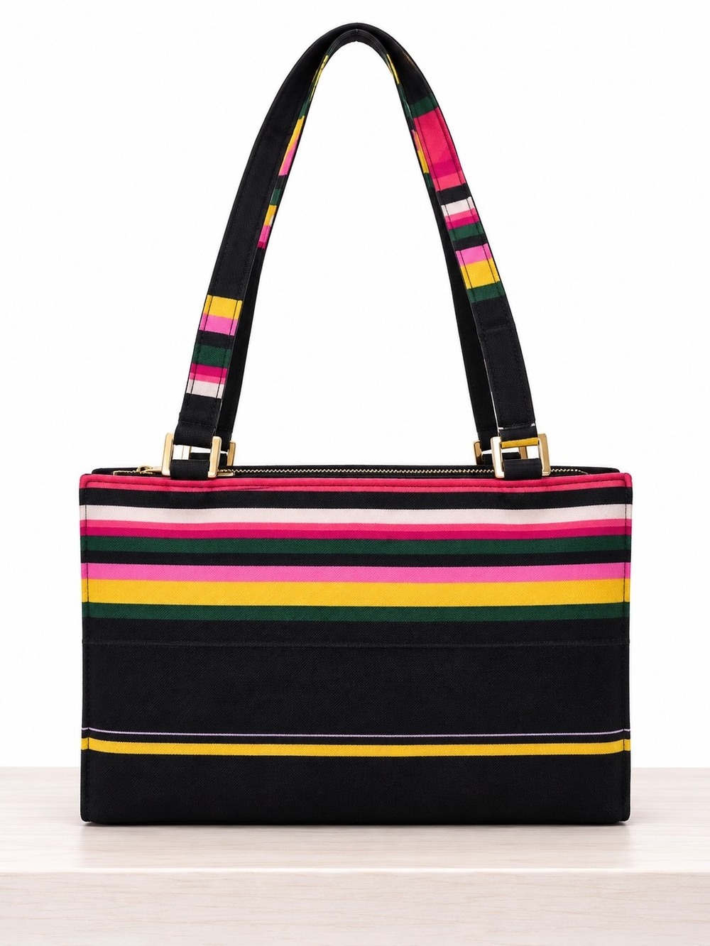 Striped Black Canvas Shoulder Bag with Pink and Yellow Accents